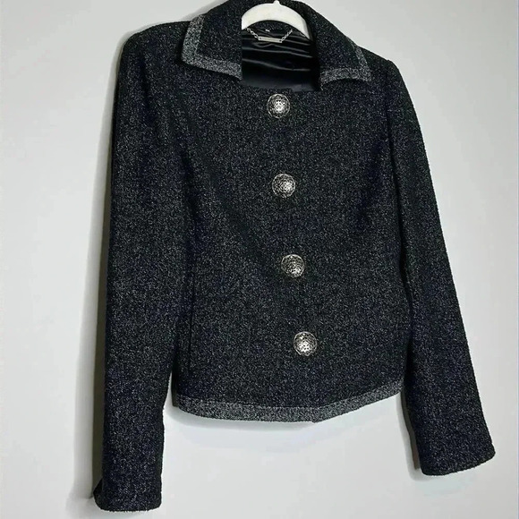 Elie Tahari Black Silver Buttoned Mottled Tweed Jacket - Picture 5 of 10